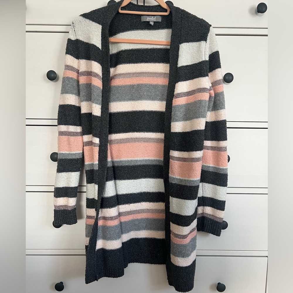 Marled Black and Pink Striped Cardigan